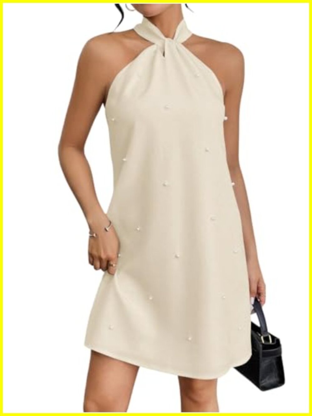 Pearl Beaded Halter Sleeveless Tie Back Flared Dress